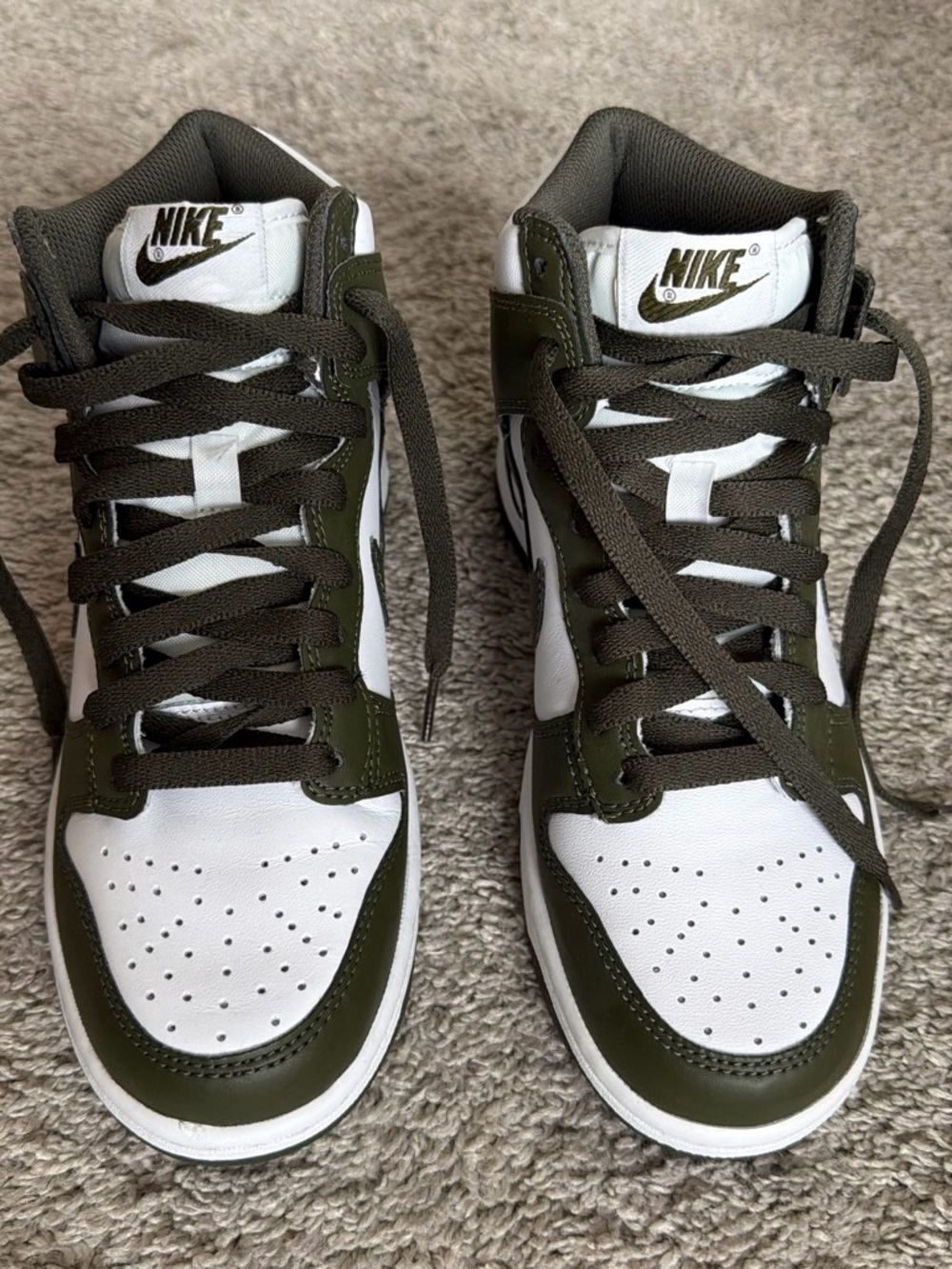 Nike Dunk High Top Sneakers in White and Olive Green